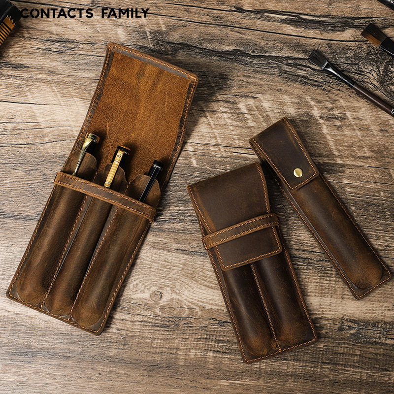 Leather Fountain Pen Case 3 Slots Pouch - Винтажный кожаный футляр для ручек Crazy