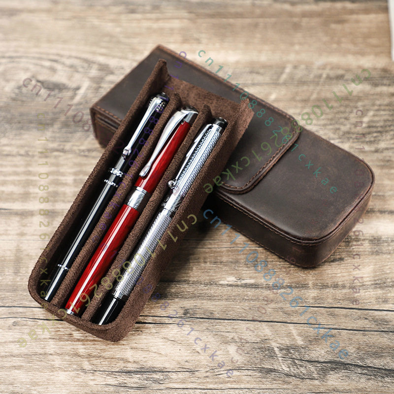 Leather Fountain Pen Case 3 Slots Pouch - Винтажный чехол для ручек из кожи